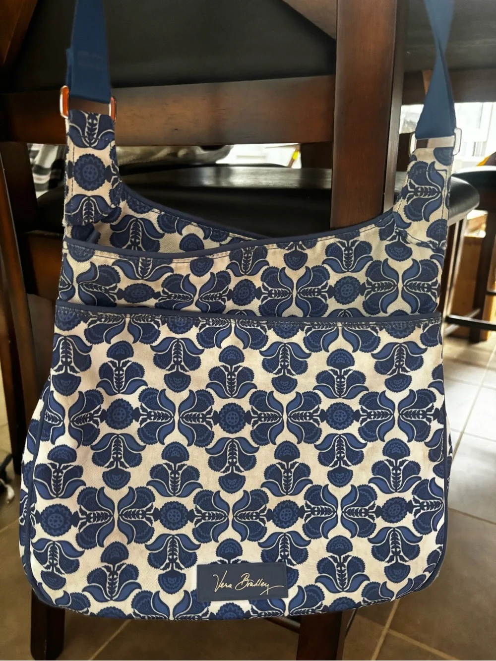 Vera Bradley Cobalt Tile Blue & White Handbag Shoulder Bag Adjustable Strap EUC